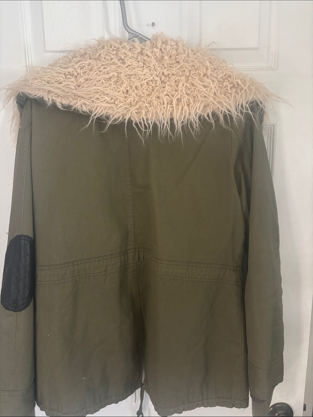 CoffeeShop Olive Green Parka with Cream Faux Fur Collar